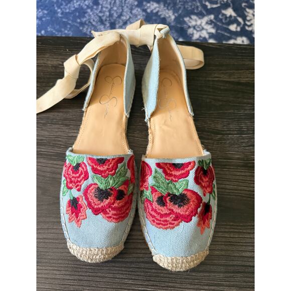 Jessica Simpson FIPPO Stitched Flower Ribbon Espadrilles Sz. 9.5 - Picture 1 of 10